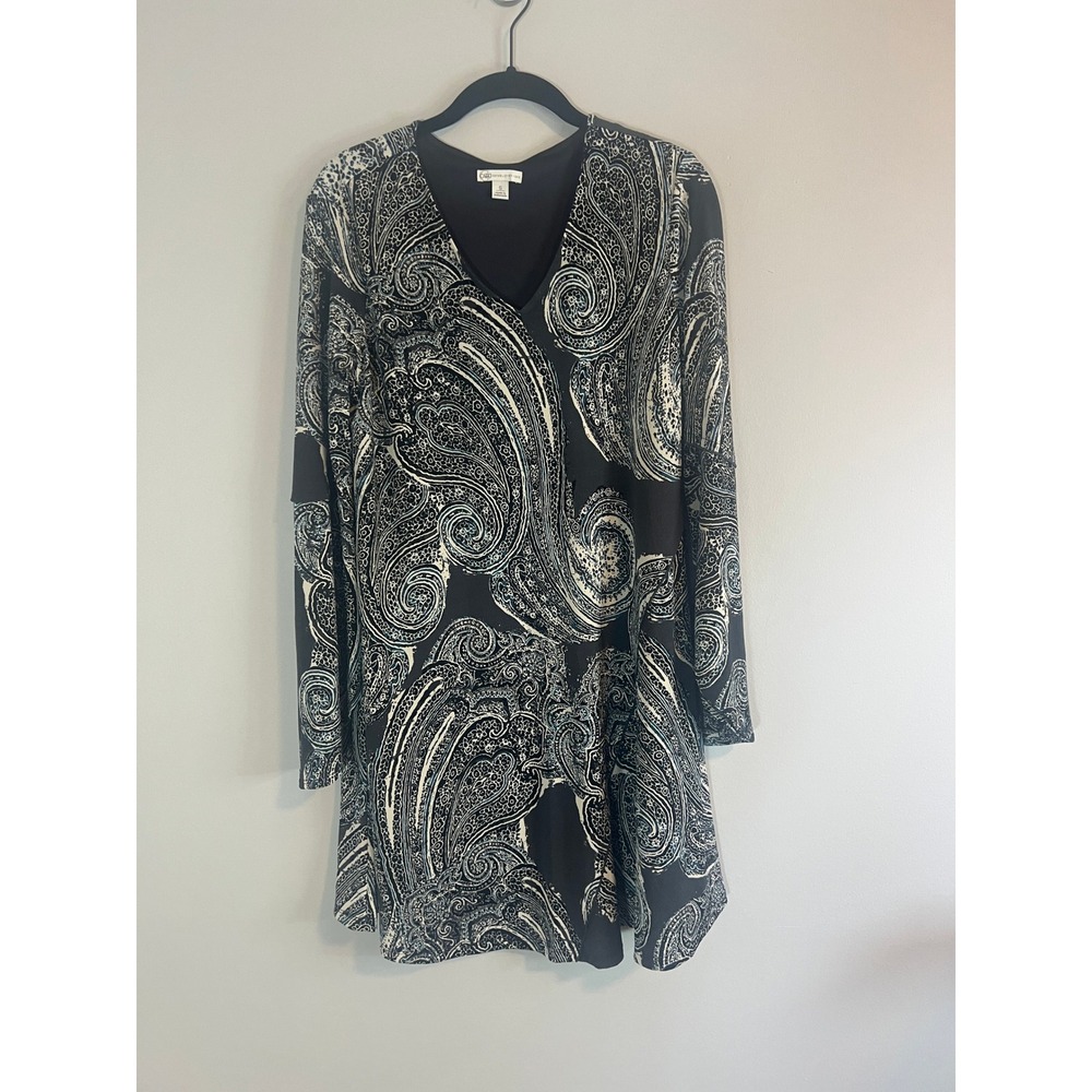 Cato Womens Black White Paisley V-Neck Long Sleeve A-Line Tunic Dress Small